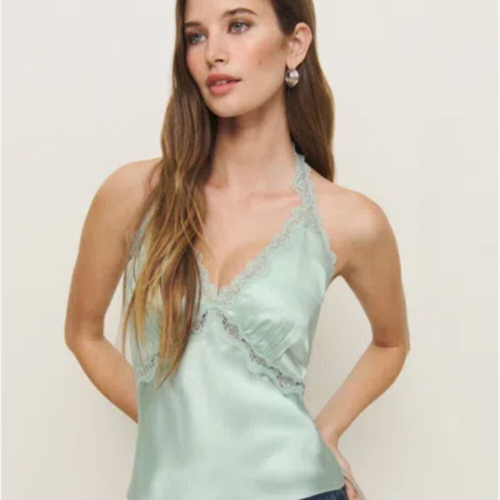 NWT Reformation Monica Silk Top Sea Glass S